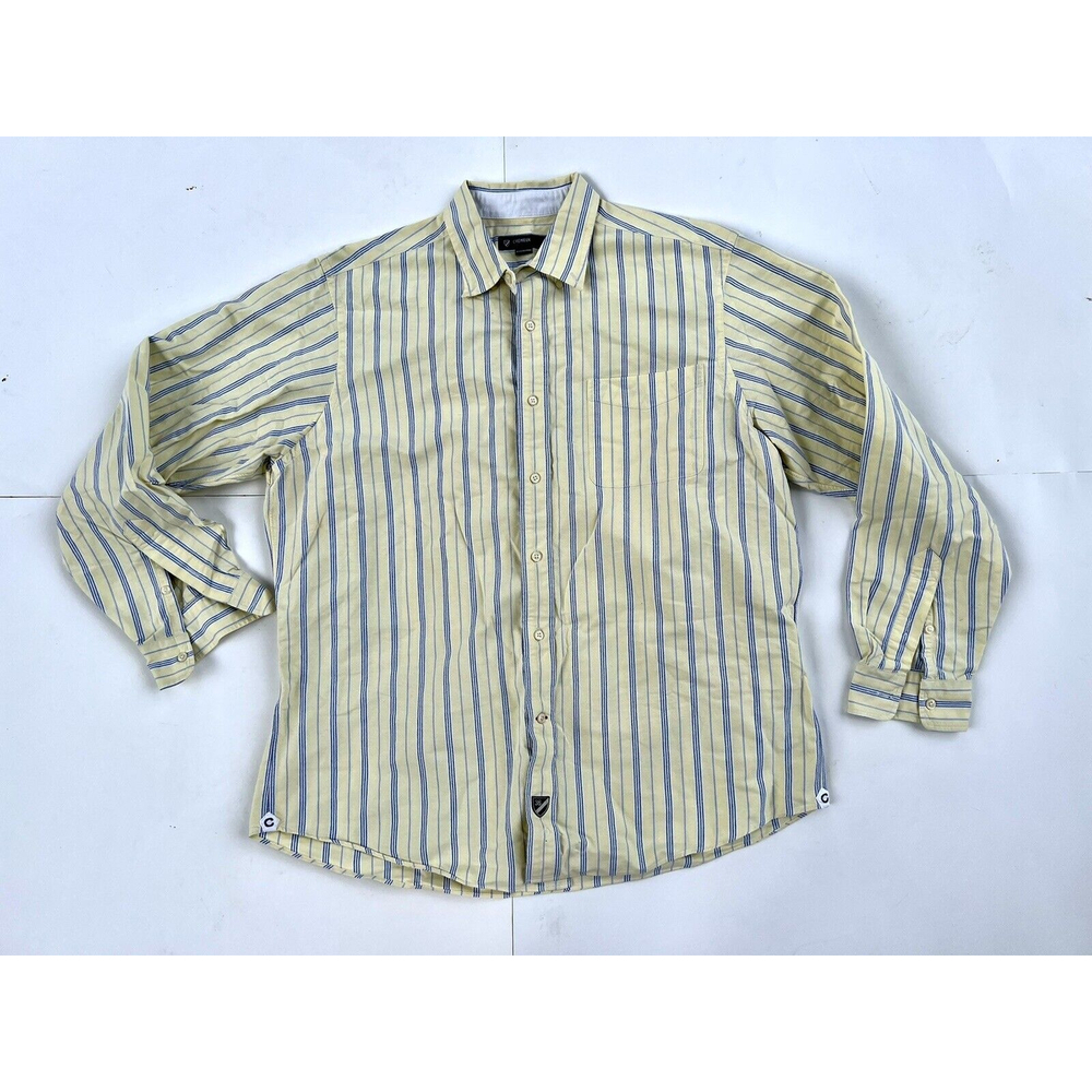 Cremieux Washed 38 XL Button Up Shirt Yellow Cream Blue Striped Long Sleeve